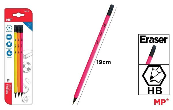 Mp Pe313 Lapiz Con Goma 3 Uds Fluorescente