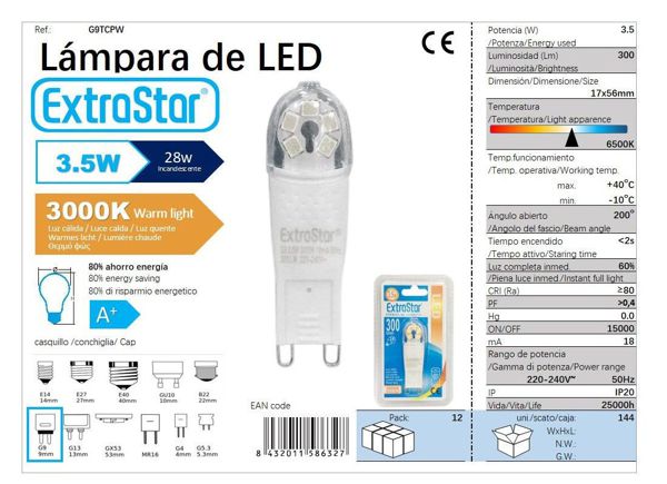 Extrastar Ag9Tcpw Bombilla LED G9 3.5W 200' Luz Calida