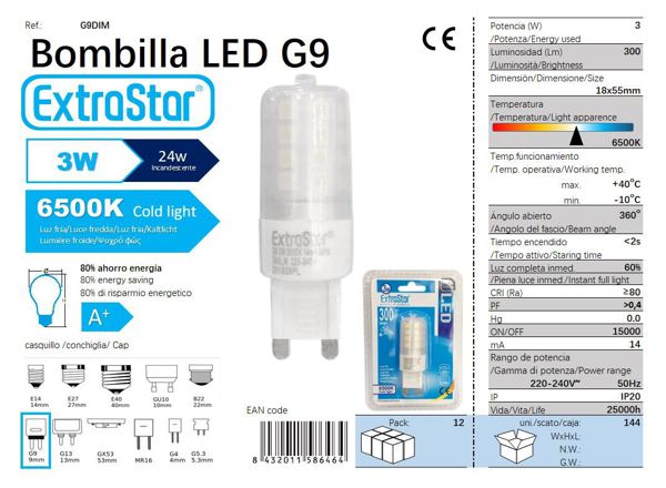 Extrastar Ag9Dim Bombilla LED G9 3W 360' Regulable