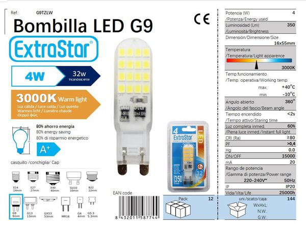 BOMBILLA LED G9 PLANO 4W 270o 350LM 3000K LUZ CALI