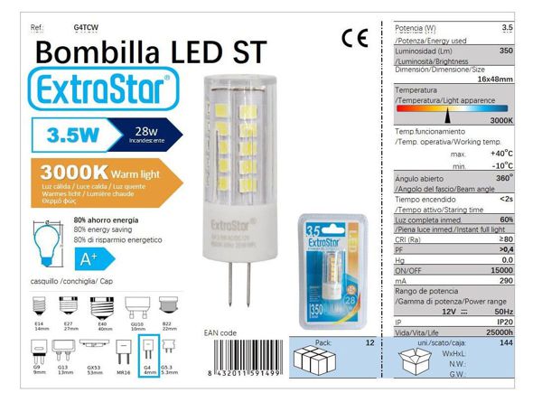 Extrastar Ag4Tcw Bombilla LED G4 3W 360 3000K Luz Calida