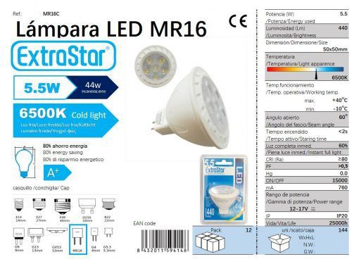 Extrastar Amr16C Bombilla LED Mr16 6X1 6500K Luz Dia