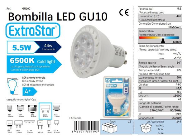 Extrastar Agu10C Bombilla LED Gu10 6X1 6500K Luz Dia