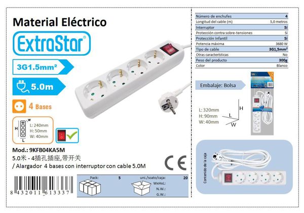 Alargador 4 Base C/Inter 5 Mts 3G1.5Mm~ Cj20