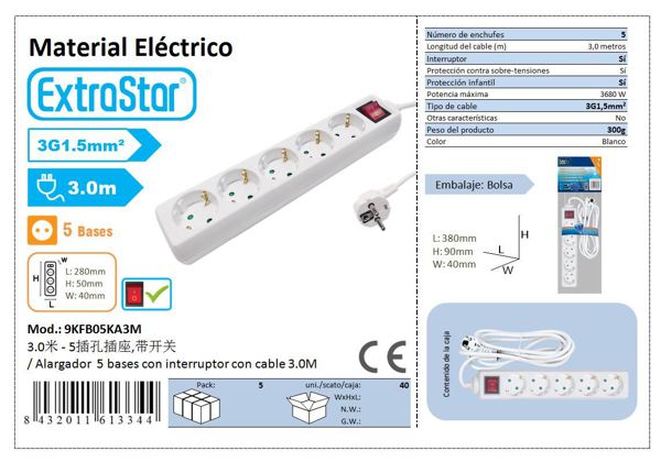 Extrastar Alargador 5 Base C/Inter 3 Mts 3G1.5Mm~ Cj40
