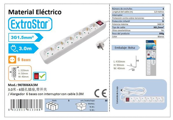 Extrastar Alargador 6 Base C/Intrru 3 Mts 3G1.5Mm~ Cj30