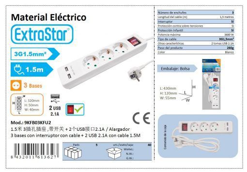 Extrastar 9Kfb03Kfu2 Alargador 3 Bases USB 2.1A 1.5M