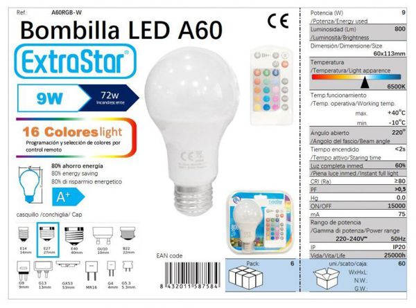 Bombilla Bola RGB Multicolor C/Mando 9W E27 Cj60[A60Rgbw]