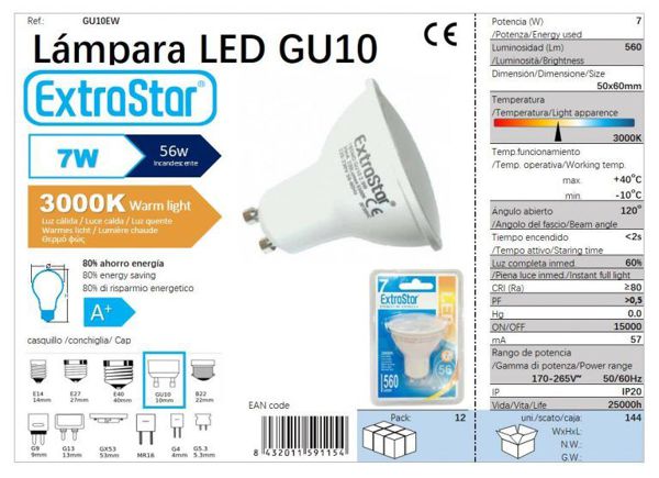 BOMBILLA LED GU10 7w 3000K LUZ CALIDA[AGU10EW]