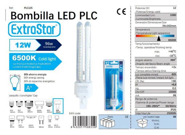 Bombilla Plc Smd 12W 2U 34*162Mm 6400K Luz Dia[Aplc12S]