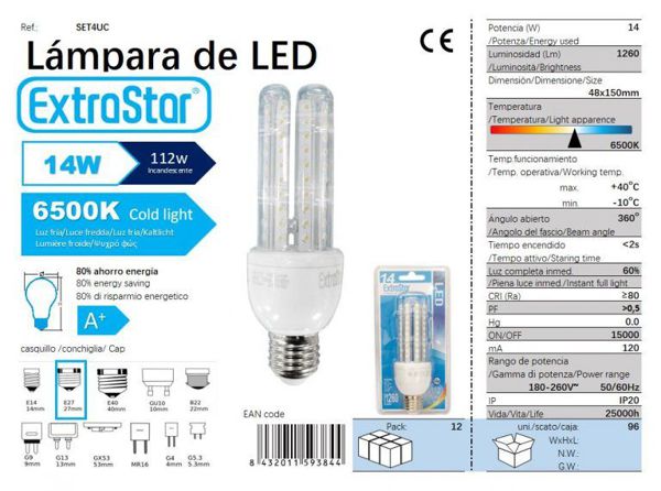 Extrastar Aset4Uc Bombilla LED 4U E27/14W 6500K Luz Dia