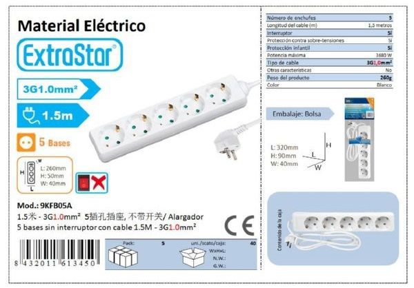 Extrastar 9Kfb05A Alargador 5 Base 1.5Mts 3G1.0Mm