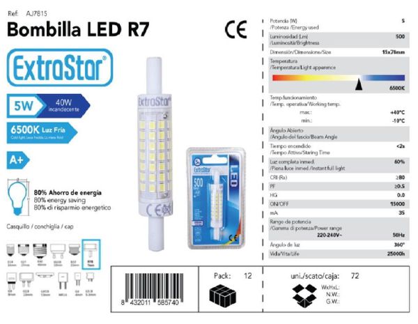 Extrastar Aj7815 Bombilla LED 78Mm 5W 6400K Luz Dia