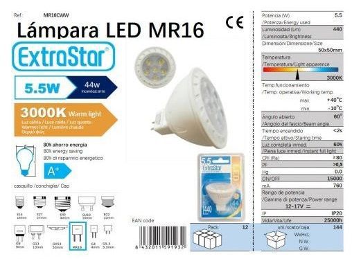 Extrastar Amr16Cww Bombilla LED Mr16 6500K Luz Calida