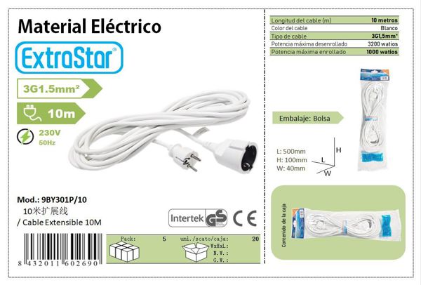 Extrastar 602690 Cable Extensible C/Prote 3G 1.5Mm 10M