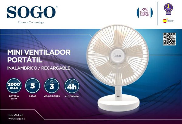 Sogo Ss-21425 Ventilador 5 Aspas Bateria Recargable 8”