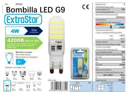 Extrastar Ag9Tzln Bombilla LED G9 Plano 4W