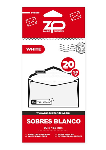 ZP 001235 20 SOBRES BLANCOS 92X163 90gr