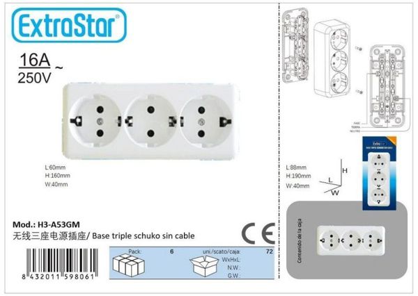 Extrastar 6H3A53Gm Base Enchufe Pared Triple