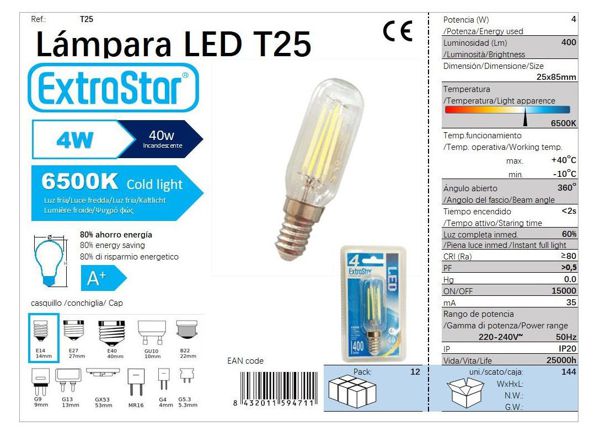 Extrastar At25 Bombilla Redondo LED 25Mm E14/4W 6500K Luz Dia