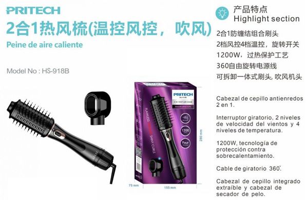 Pritech Hs-918B Peine De Aire Caliente 2En1