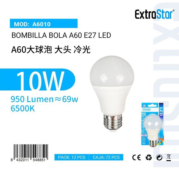 Extrastar A6010 Bombilla LED 10W/E27 6500K Luz Dia