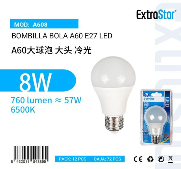 Extrastar A608 Bombilla Bola LED 8W/E27 6500K Luz Dia Cj72