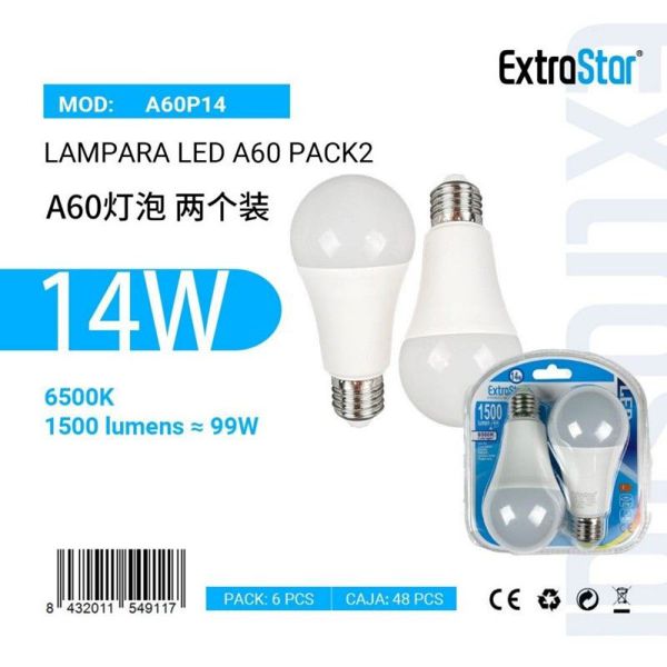 Extrastar A60P14 Lampara LED A60 14W/E27 Pack2
