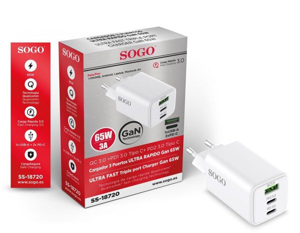 SOGO SS-18720 CARGADOR SUPER RAPIDO 3 PUERTOS GaN 65W