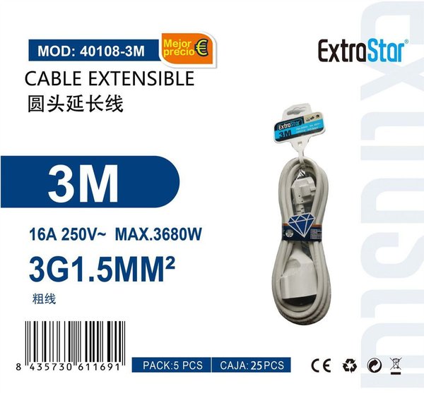 Extrastar 940108-3M Cable Extensible Enchufe Red