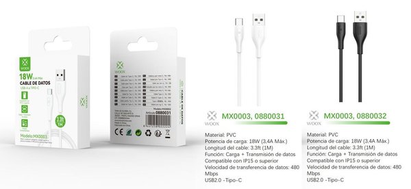 Woox 0880031 0880032 Mx0003 Cable USB A Type-C 18W 1M