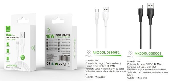 Woox 0880051 0880052 Mx0005 Cable USB A Micro 18W 2M