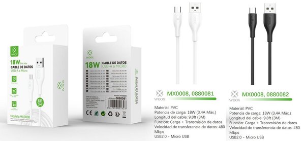 Woox 0880081 0880082 Mx0008 Cable USB A Micro 18W 3M