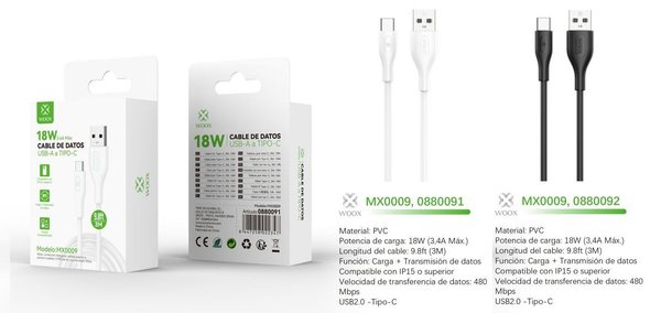 Woox 0880091 0880092 Mx0009 Cable USB A Type-C 30W 3M