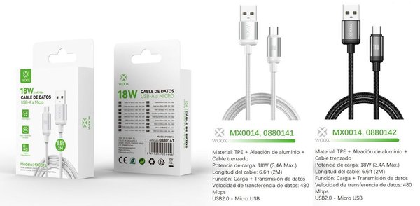 Woox 0880141 0880142 Mx0014 Cable USB A Micro 18W 2M