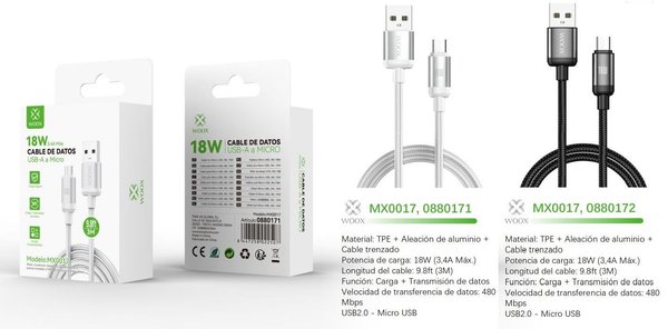 Woox 0880171 0880172 Mx0017 Cable USB A Micro 18W 3M