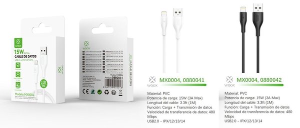 Woox 0880041 0880042 Mx0004 Cable USB A Lightning 15W 1M