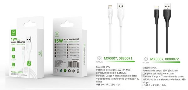 Woox 0880071 0880072 Mx0007 Cable USB A Lightning 15W 2M