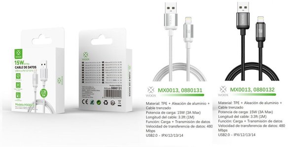 Woox 0880131 0880132 Mx0013 Cable USB A Lightning 15W 1M