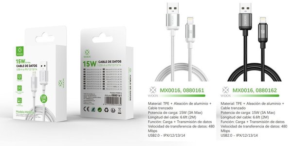 Woox 0880161 0880162 Mx0016 Cable USB A Lightning 15W 2M
