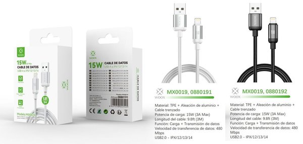 Woox 0880191 0880192 Mx0019 Cable USB A Lightning 15W 3M