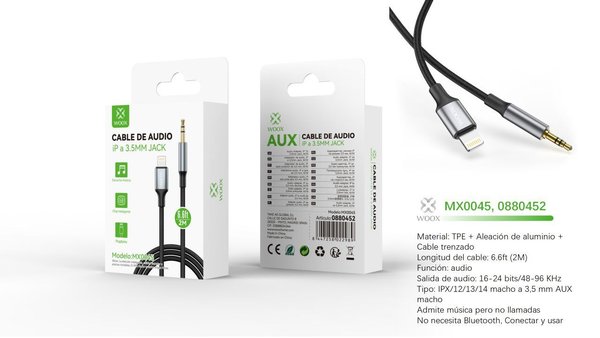 Woox 0880452 Mx0045 Cable Audio 3.5Mm Aux A Lightning 2M