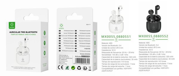 Woox 0880551 0880552 Mx0055 Auriculares Tws V5.3 320Mah