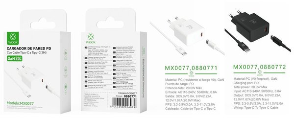 Woox 0880771 0880772 Mx0077 Cargador Pared Gan Pd Unico Ue 20W