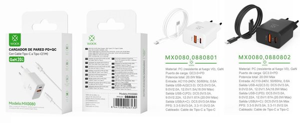 Woox 0880801 0880802 Mx0080 Cargador Qc+Pd Gan 20W Type-C