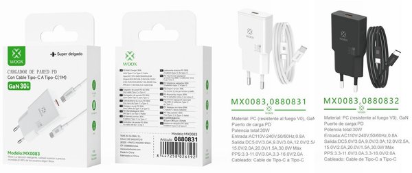 Woox 0880831 0880832 Mx0083 Cargador Gan Pd Unico Ue 30W C-C