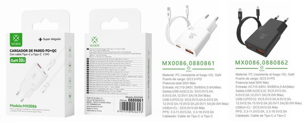 Woox 0880861 0880862 Mx0086 Cargador Qc+Pd Gan Cable C-C 30W