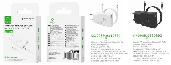 Woox 0880891 0880892 Mx0089 Cargador Pd+Pd Gan Cable C-C 30W