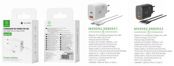Woox 0880921 0880922 Mx0092 Cargador Qc+Pd Gan Cable C-C 45W