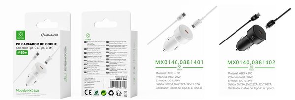 Woox 0881401 0881402 Mx0140 Cargador Coche Pd Cable C-C 20W